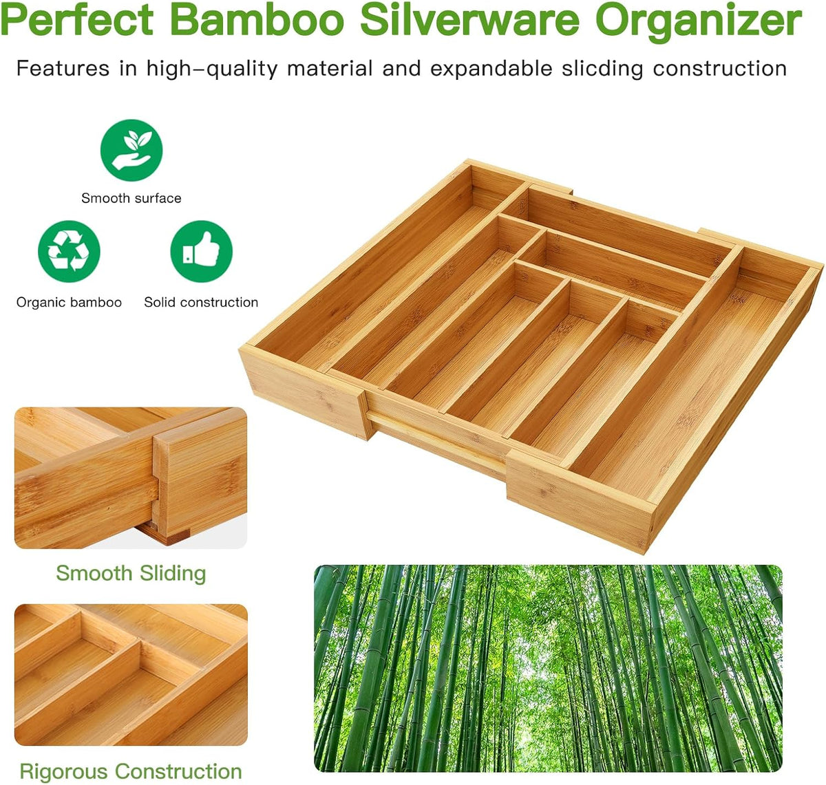 Bamboo Expandable Silverware Drawer Organizer