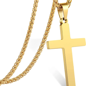 Gold Cross Necklaces for Men Boys Stainless Steel Cross Pendant Chain Catholic Religious Christian Birthday First Communion Confirmation Graduation Fathers Day Jewelry Gifts Teen Him Dad Kids
