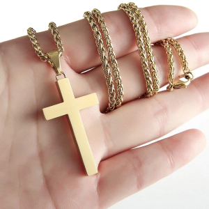 Gold Cross Necklaces for Men Boys Stainless Steel Cross Pendant Chain Catholic Religious Christian Birthday First Communion Confirmation Graduation Fathers Day Jewelry Gifts Teen Him Dad Kids