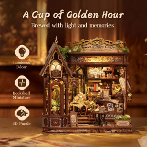 Floral Mark Café DIY Miniature Dollhouse Puzzle, 3D Wooden Puzzle Coffee Shop Model with Warm LED Light, Cozy Home Décor Gift for Adults and Teens