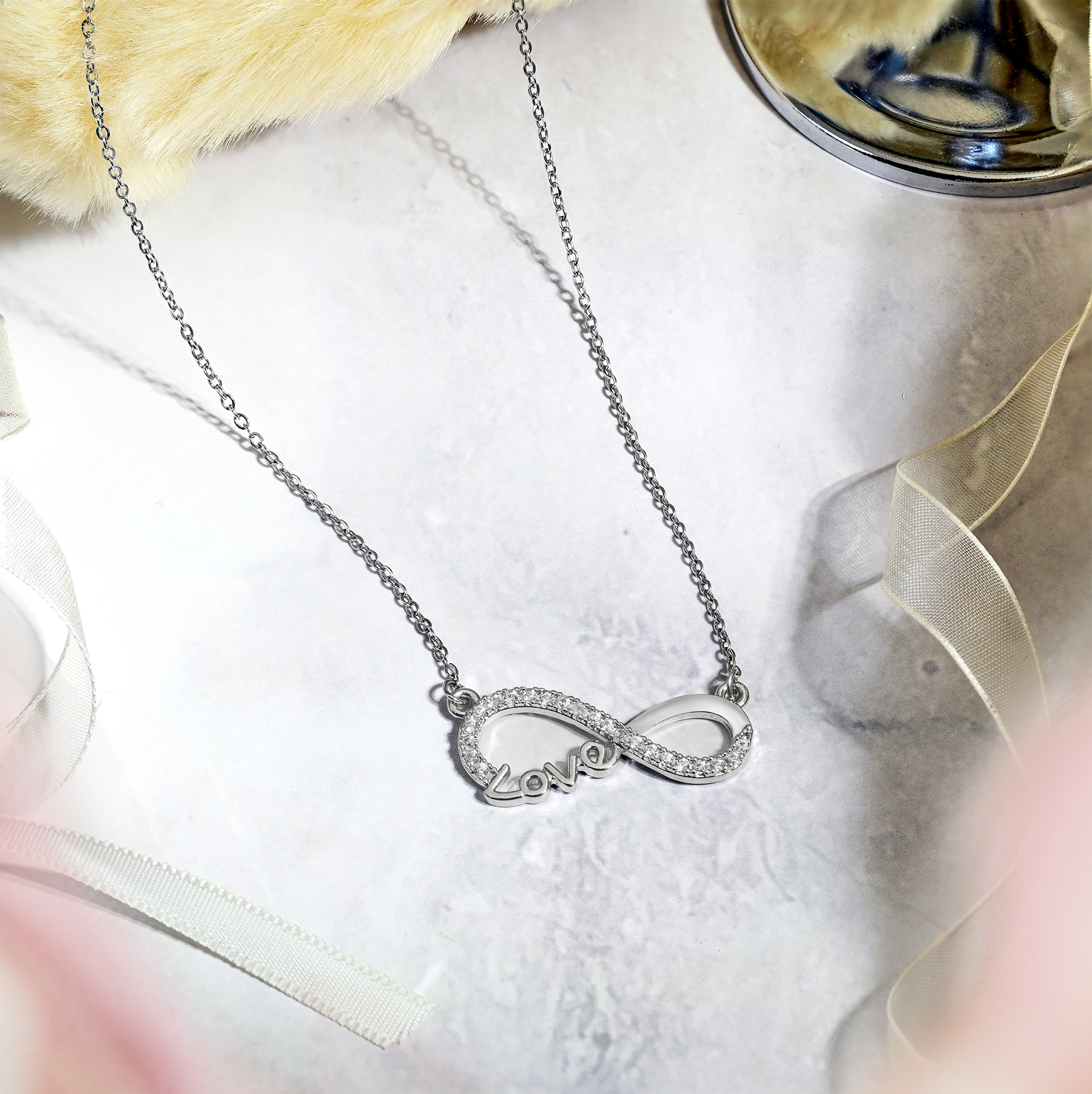 Infinity Love Pendant Necklace - Meaningful Jewelry for Her - Anniversary Gift in 18K White Gold Plated - Image 2